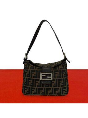 Fendi Vintage Zucca FF Pattern Canvas Leather Shoulder Bag Brown